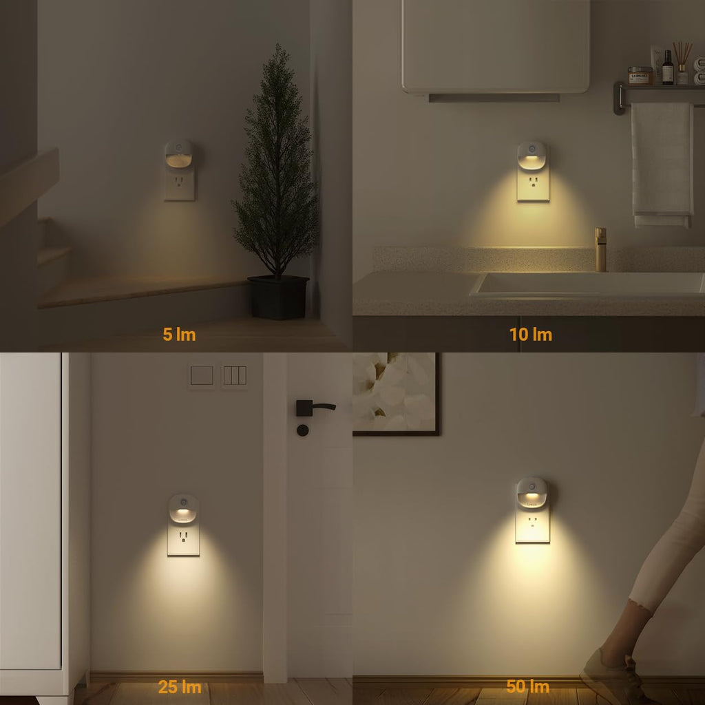 Lyridz Motion Sensor Night Light Plug in, [4 Pack] 2-in-1 Auto Modes (Motion Activated + Dusk to Dawn), 1-50LM Dimmable Veilleuse, 2700K Warm White for Stairs, Hallway, Bathroom - Ultra Slim