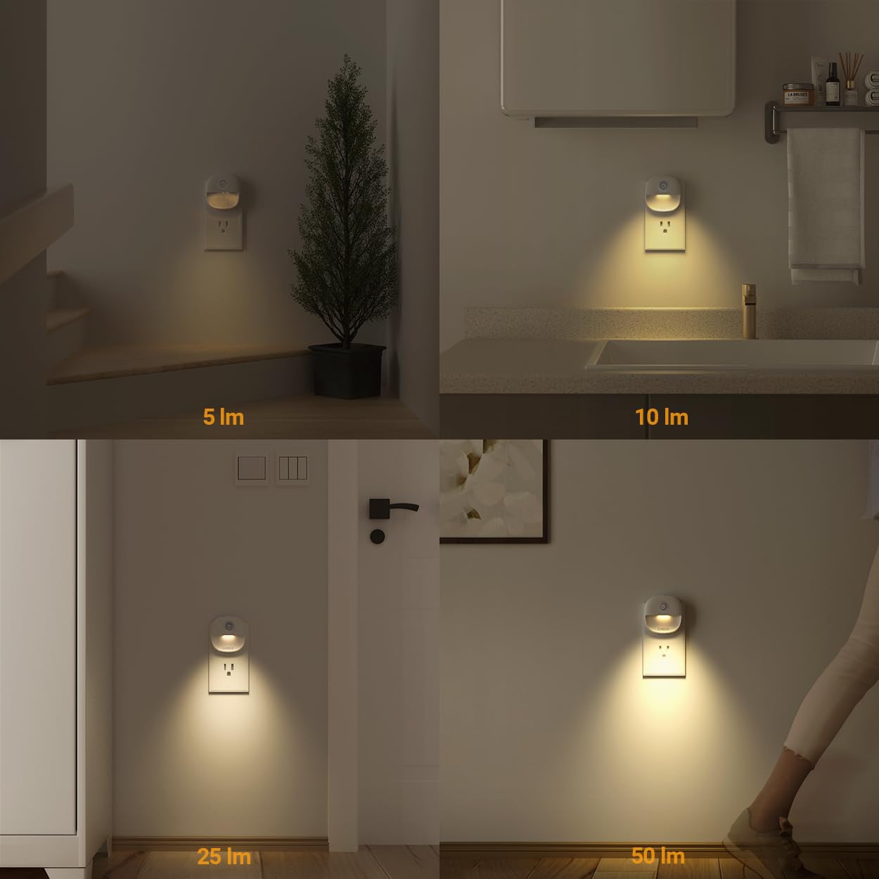 Lyridz Motion Sensor Night Light Plug in, [4 Pack] 2-in-1 Auto Modes (Motion Activated + Dusk to Dawn), 1-50LM Dimmable Veilleuse, 2700K Warm White for Stairs, Hallway, Bathroom - Ultra Slim