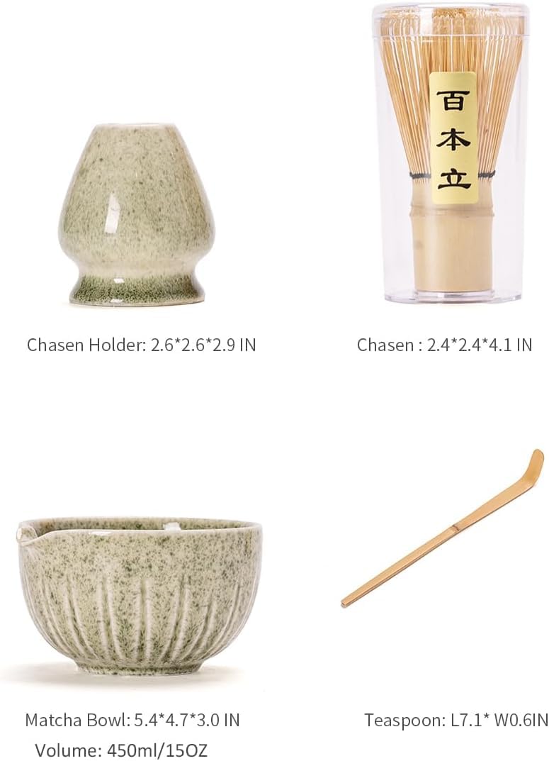 TANG PIN Matcha Set - Match Bowl and Whisk, 15 OZ, Matcha Scoop | Matcha Whisk Stand (Chasen Holder) - 4pc Perfect Matcha Kit for Matcha Tea Ceremony