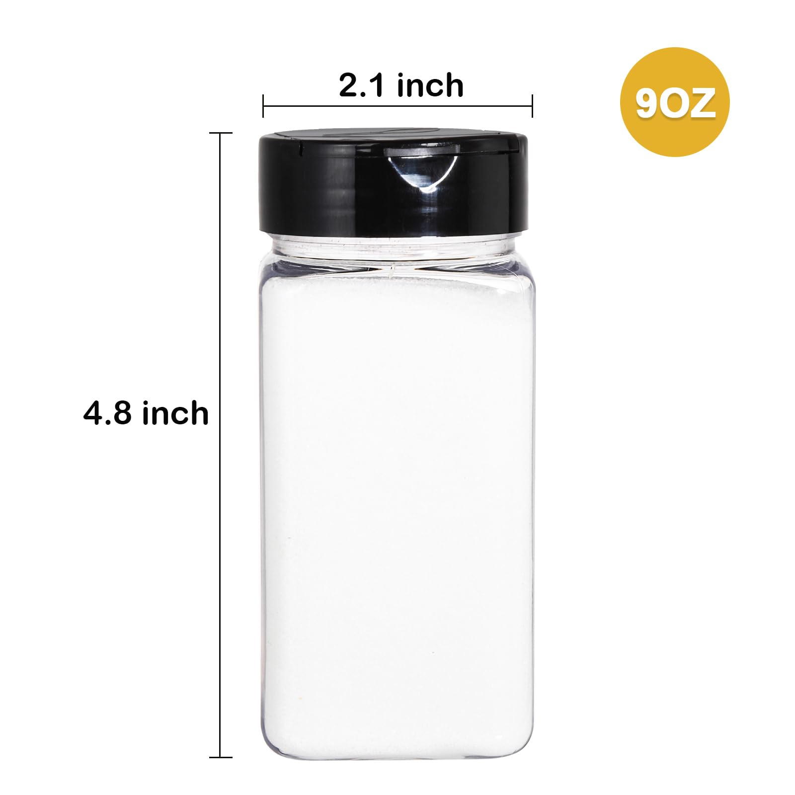 Bekith 16 Pack Plastic Spice Jars Bottles for Storing Spice, Herbs and Powders - 9 Oz BPA Free Plastic Spice Containers with Black Flip Top Cap to Pour or Shaker/Sifter