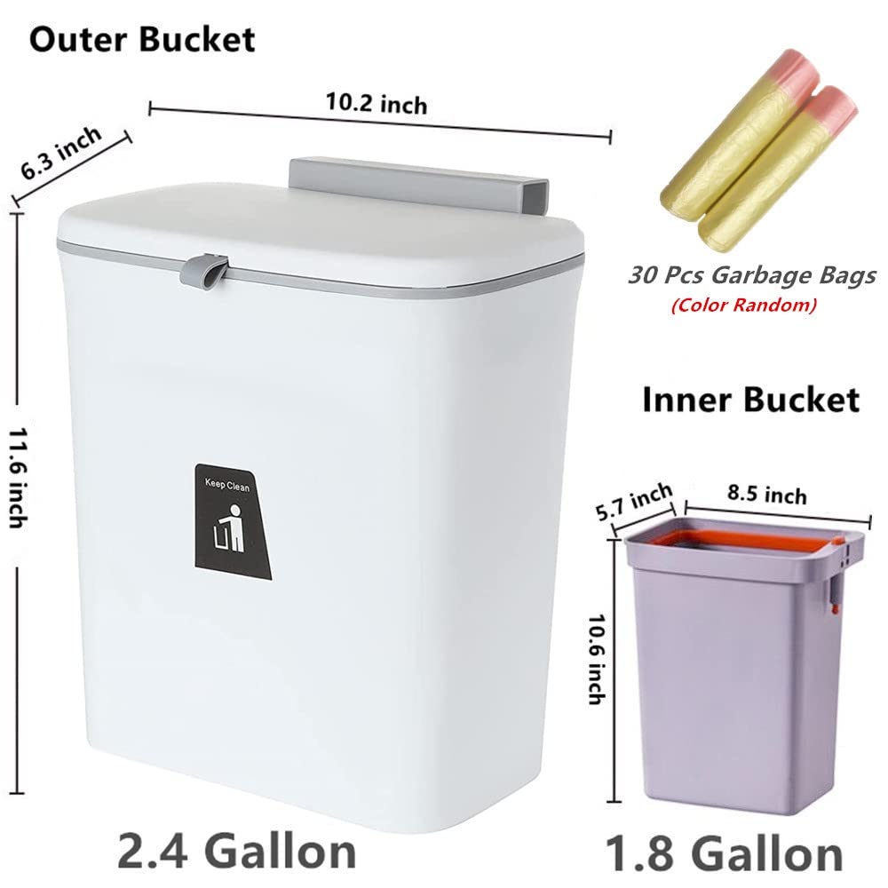 Hanging Trash Can with Lid for Under Sink or Cabinet Door, 2.4 Gallon Kitchen Compost Bin with Inner Bucket, Garbage Can for Cupboard/Bathroom/Bedroom/Office/Camping, Wall Mounted Indoor, White