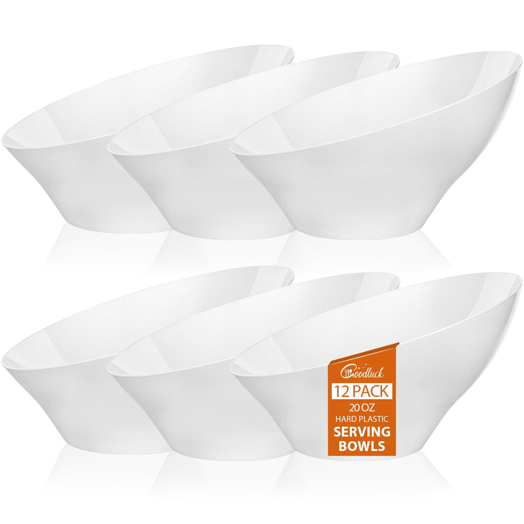 Goodluck 12 Pack White Plastic Serving Bowls for Party - 20 OZ Angled Disposable Serving Bowls for Wedding Party Chip, Candy, Salad & Fruit
