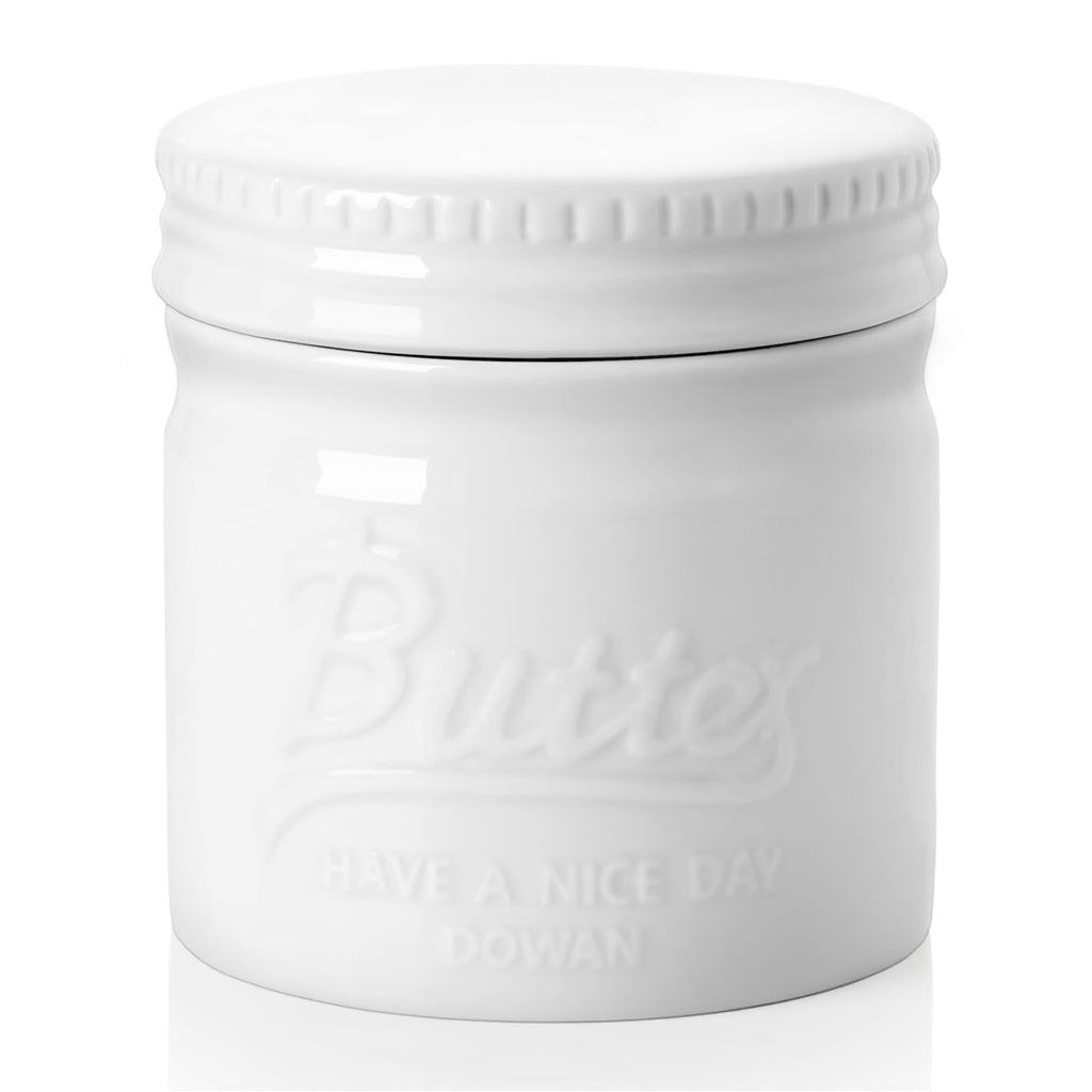 DOWAN Porcelain Butter Keeper Crock, French Butter Dish with Lid, Embossed Butter Container for Soft Butter, Big Capacity & Humanized Water Line, White