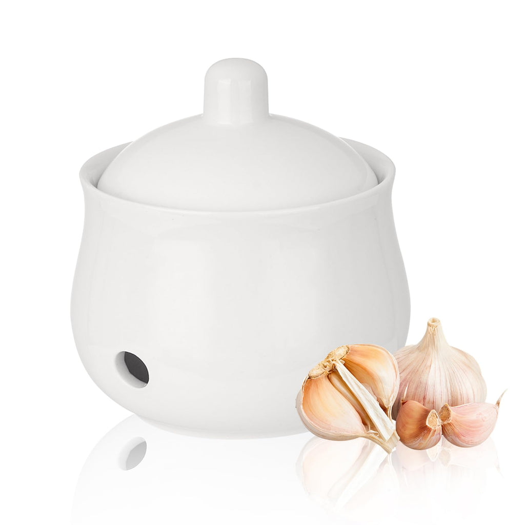 Ceramic Garlic Keeper for Counter, Garlic Holder Storage Jar with Lid, Vented Ginger Potato and Onion Storage Containers for Kitchen Countertop Decor (White)