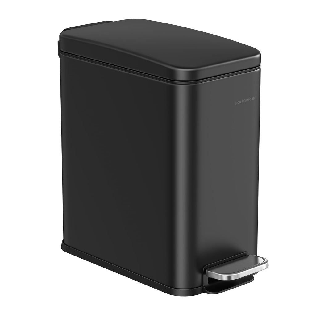 SONGMICS Bathroom Trash Can, Small Trash Bin with Lid, Slim for Small Spaces, Stainless Steel Garbage Can, Soft Close, 1.3 Gallon (5 L) Black ULTB560B05