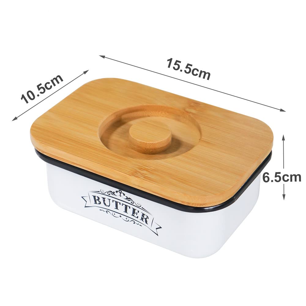 SOTECH Butter Dish with Lid for Countertop Small Metal Box and Thicker Bamboo Cover,Free Butter Keeper Vintage Farmhouse Style Butter Jar (Butter Box A)