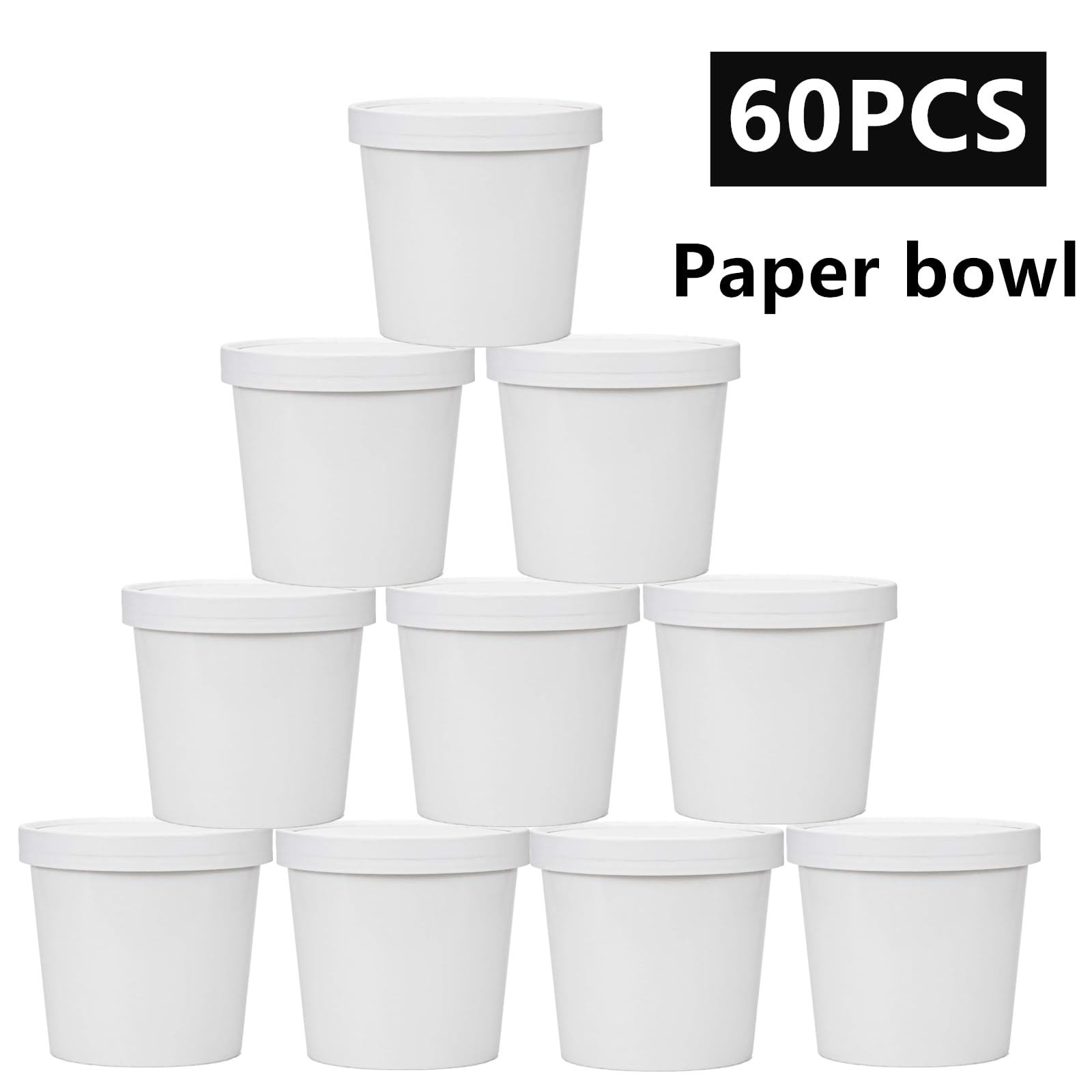 Zentriqlla 60 Pack 12 oz Paper Ice Cream Cups with Lids, to Go Soup Containers Dessert Bowl, Microwave and Freezer Safe White Food Storage Bowls for Parties, Christmas, Takeout, Picnics