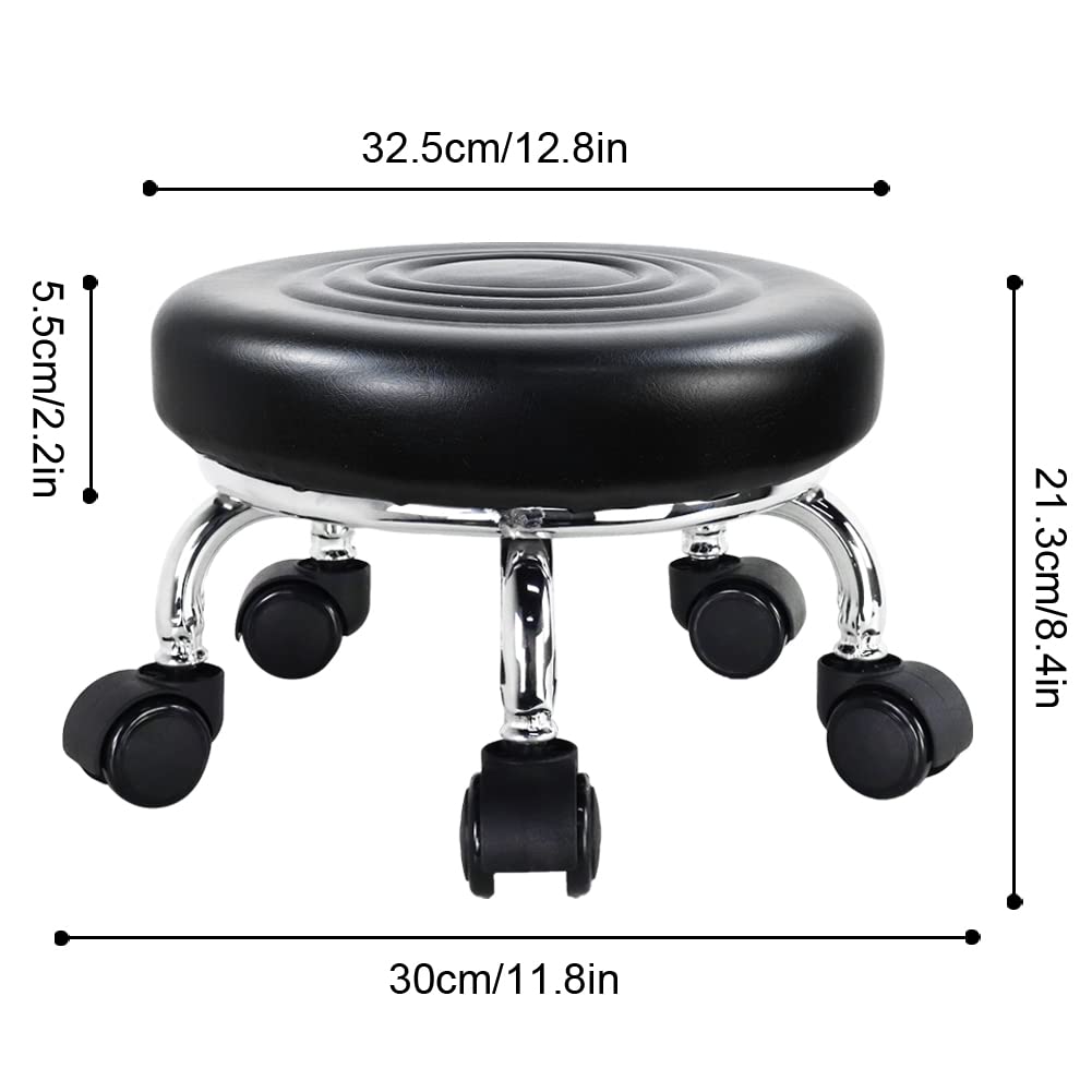 WKWKER Modern Roller Seat PU Leather Low Round Rolling Stool 360° Swivel Small Stool with Universal Caster Wheels Foot Stool for Home Office Garage Shop Fitness Sport H：8.4" （Black）