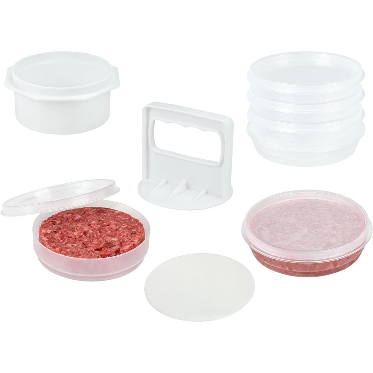 Hamburger Press Patty Maker - 4 in 1, Hamburger Mold, Patty Press, 8 Storage Containers, 100 Patty Papers - Burger Patty Maker Tool for BBQ - Burger Shaper Mold for Meat