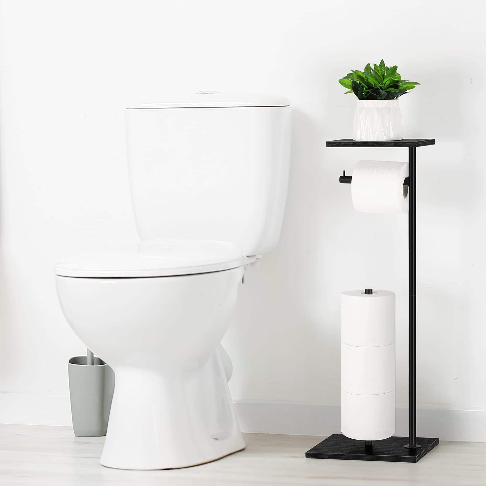 YBING Toilet Paper Holder Stand with Top Storage Shelf Black Toilet Roll Paper Holder Free Standing Tissue Holder Stand Bathroom Standing Toilet Roll Dispenser Storage Wood