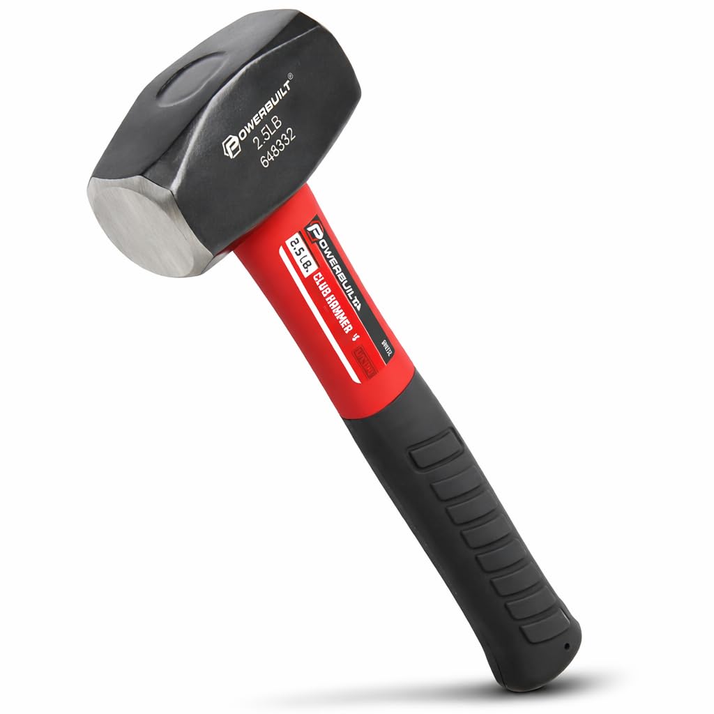 Powerbuilt 2-1/2 Pound Club Hammer with Fiberglass Handle, Non-Slip Rubber Handle, Heavy Duty Construction DIY Hand Tool, Black 648332
