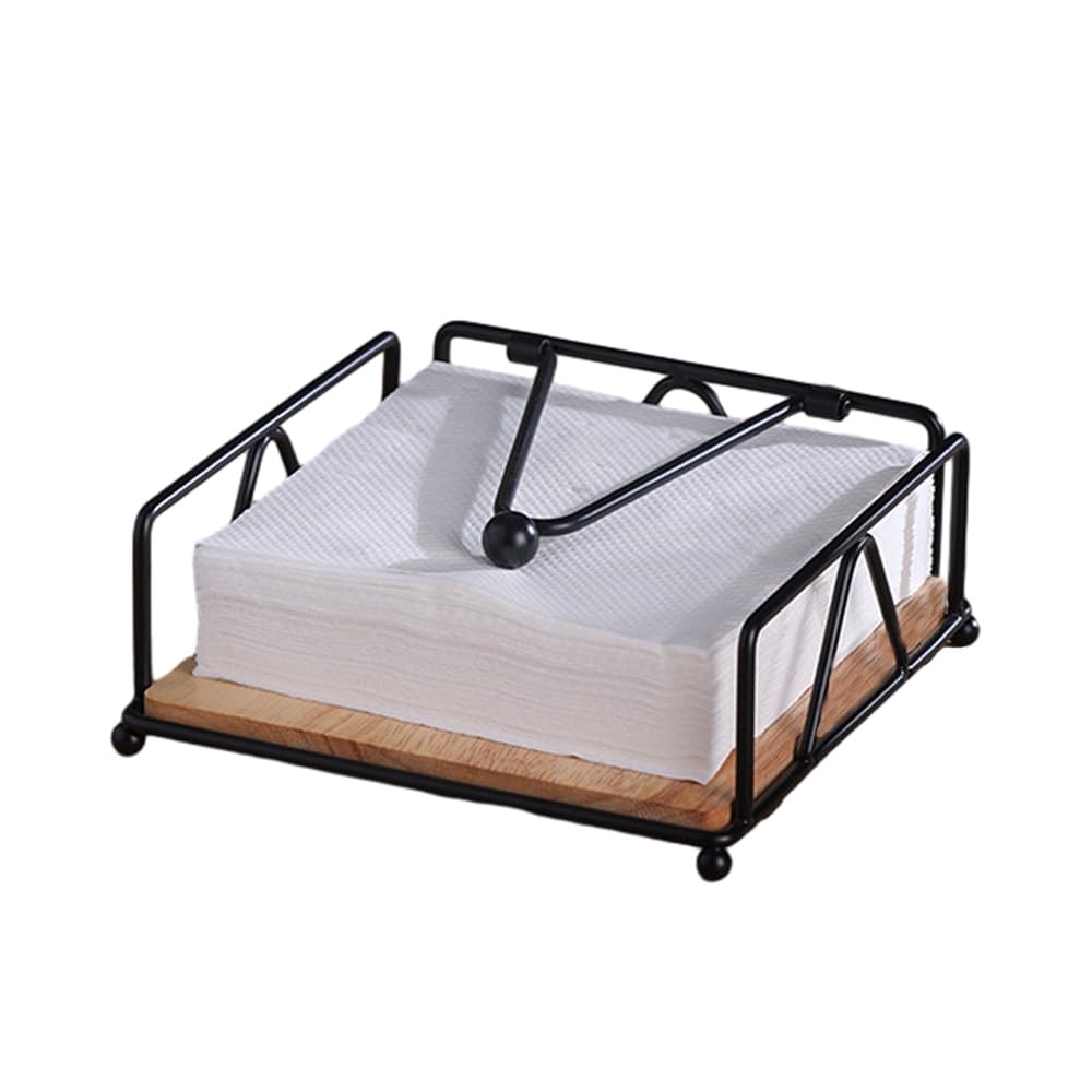 Napkin Holders for Tables, Elegant Flat Cocktail Napkin Holder with Wooden Base, Metal Tabletop Serviette Tray for Kitchen, Countertops, Outdoor Tables (Black)