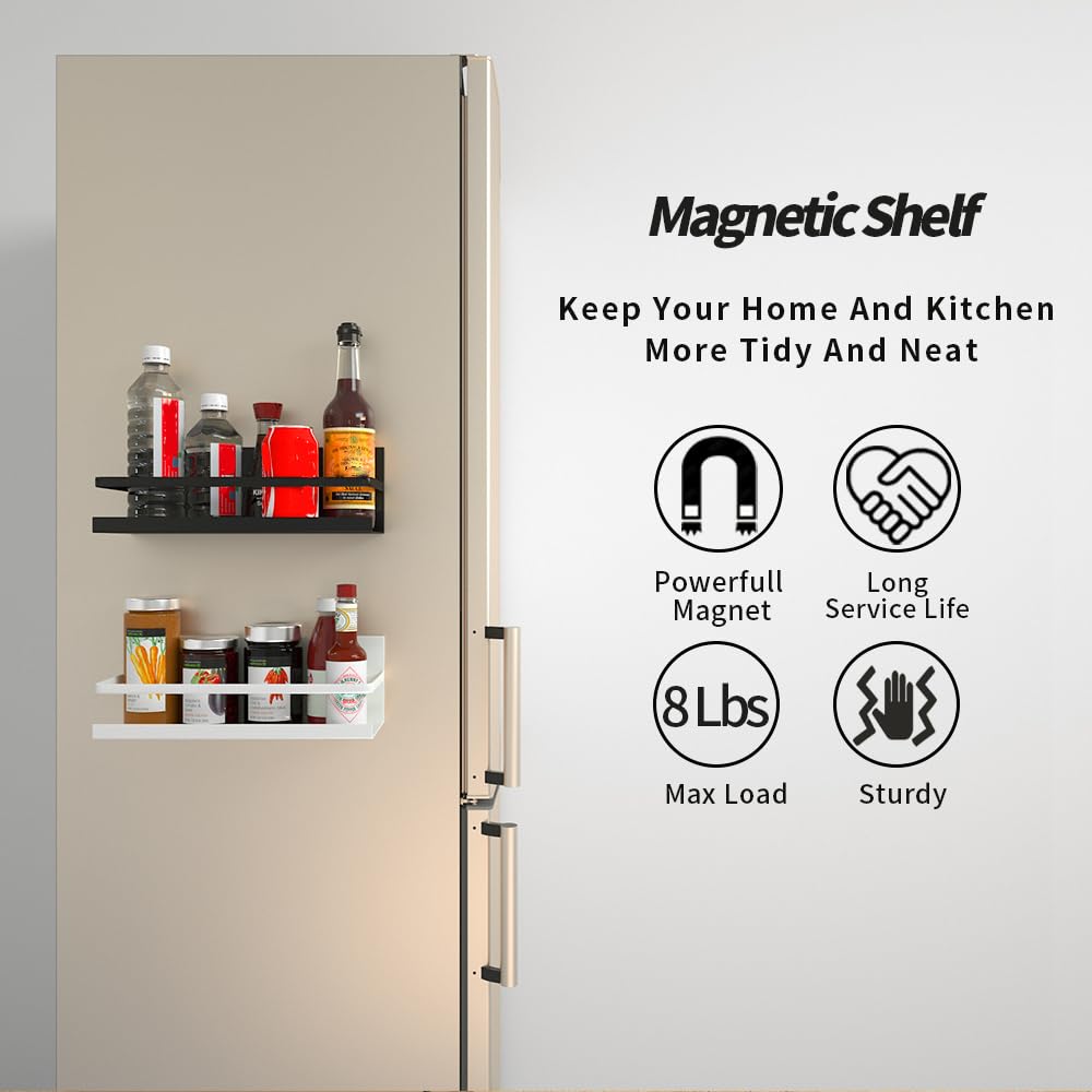 Magnetic Shelf,Magnetic Spice Rack for Refrigerator,Magnetic Stove Shelf Fridge Storage Organizer For Kitchen,Spice Rack for Cabinet,Space Container,Drill free (Black, 2 Pack)