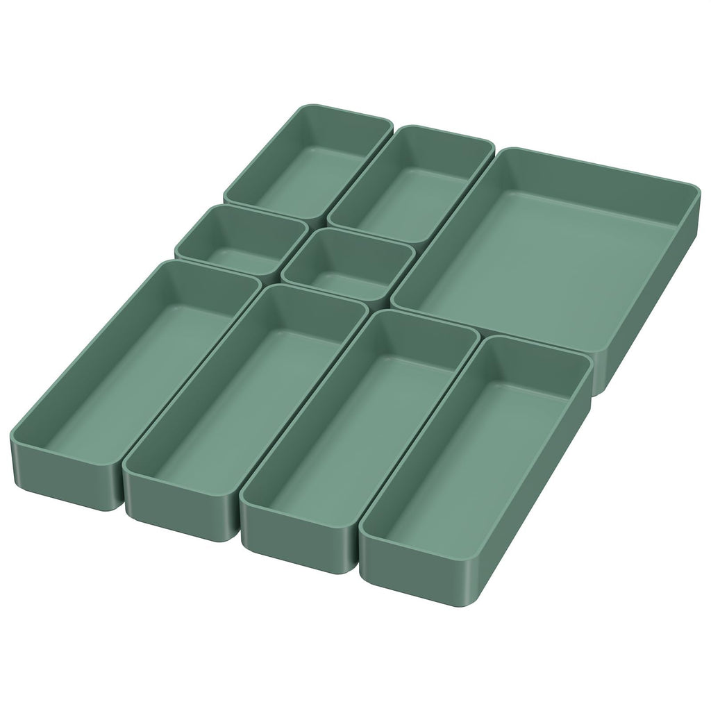 9 Pcs Organizer Trays Set, Multifunctional Stackable Storage Trays for Bedroom, Bathroom, Kitchen Drawer Organizer. Plastic Drawer Storage Boxes Available In 5 Colours, White, Black, Military Blue, Dusty Rose And Forest Green