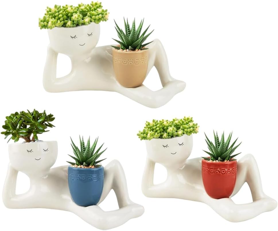 Lazy Guy Planter - Funny Smiling Face Resin Flower Pot with Double Drainage Hole, Cute Lying Down Figure Succulent & Cactus Planter, Unique Home Garden Decor Gift for Family & Friends (Yellow)
