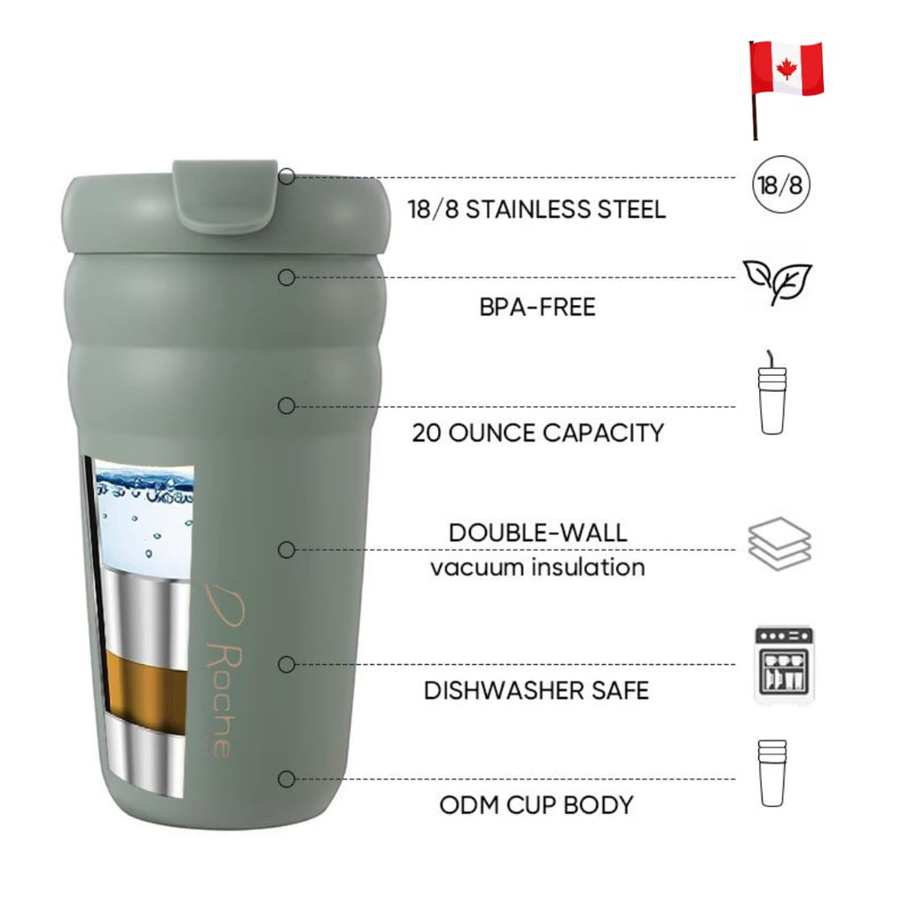 DRoche Travel Coffee Mug Tumbler with Flip Lid | Double Wall Insulated Stainless Steel Hot and Iced Coffee Cup | 20oz | BPA Free | Wide Mouth | Bubbles Collection (sugared Pink)