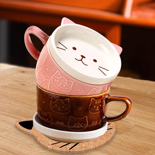 Gifts for Women,Pink Cat Kawaii Coffee Mugs with Lids,Christmas Birthday Gifts for Girls,Friends,Mom,Novelty Animal Ceramic Tea Cup,Dessert Saucer Set