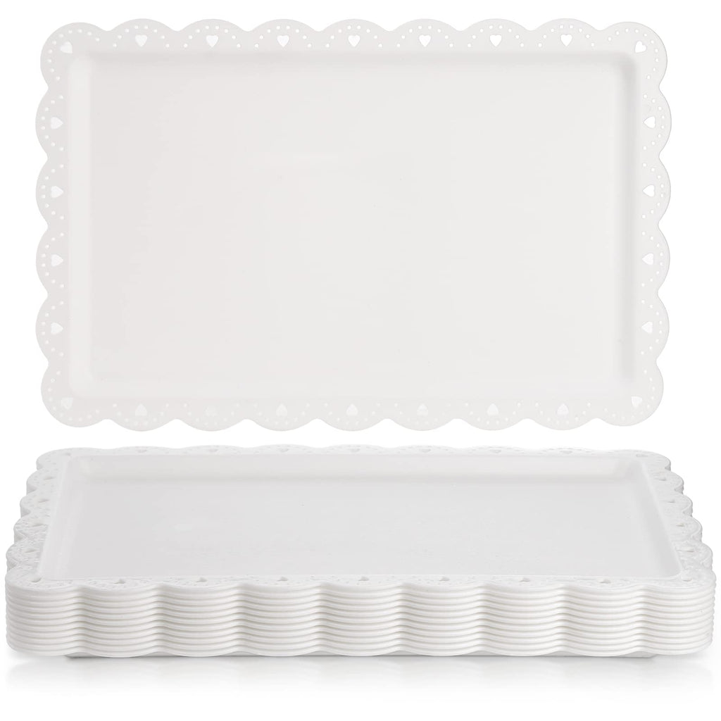 Peohud 12 Pack White Plastic Serving Food Tray, Disposable Serving Platters with Lace Rim, Rectangle Food Trays, Disposable Serving Platters and Trays for Party, Wedding, Restaurant, 14.4" x 9.3"