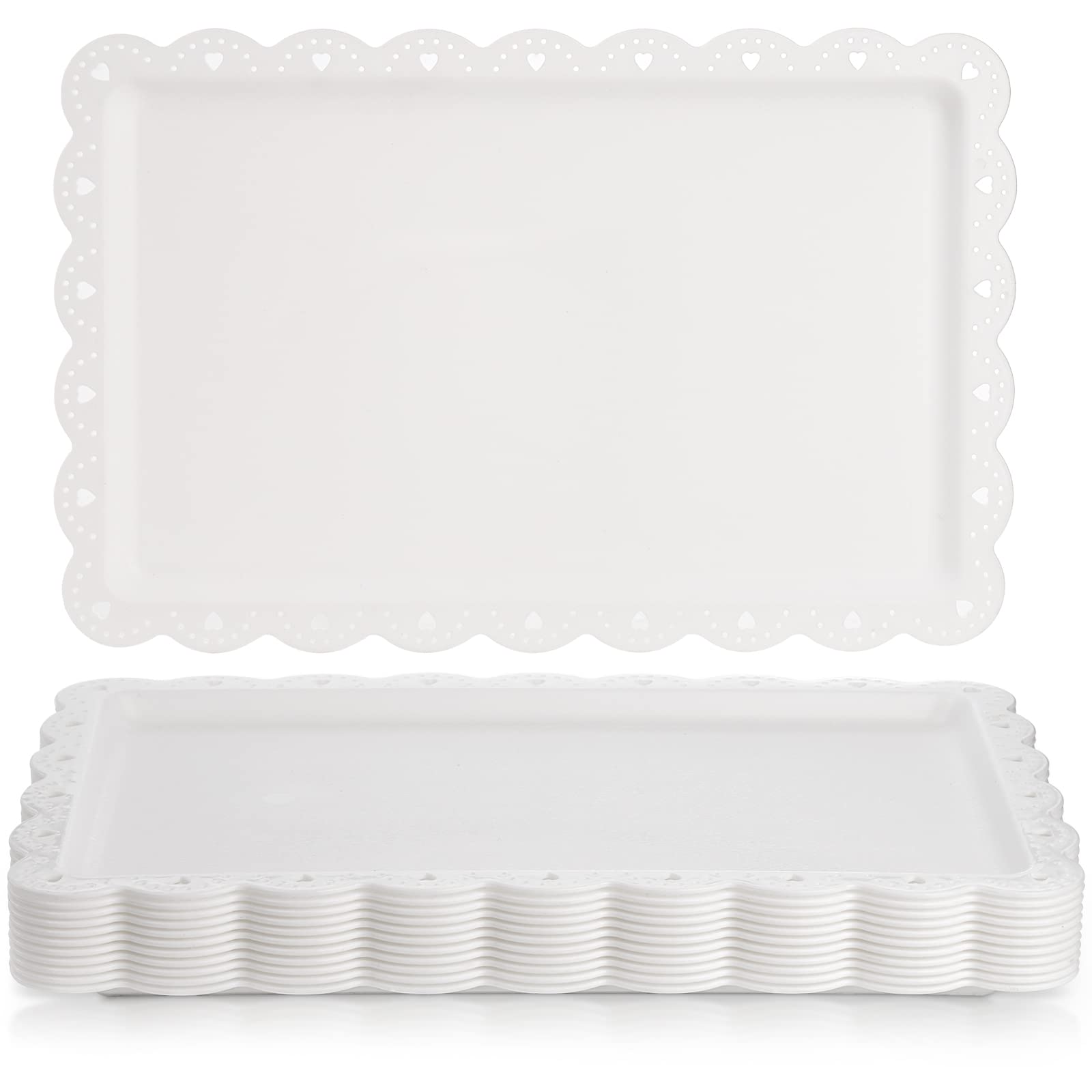 Peohud 12 Pack White Plastic Serving Food Tray, Disposable Serving Platters with Lace Rim, Rectangle Food Trays, Disposable Serving Platters and Trays for Party, Wedding, Restaurant, 14.4" x 9.3"