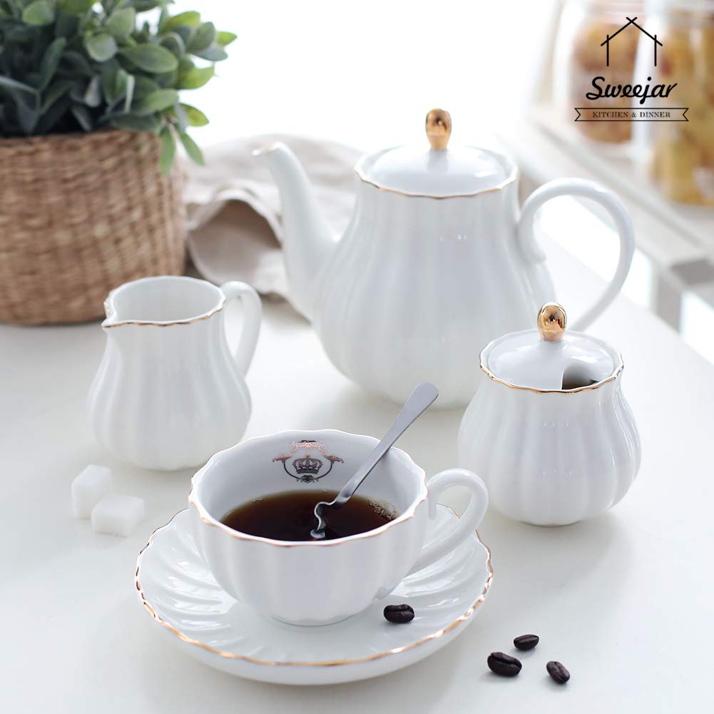 Sweejar Royal Teapot, Ceramic Tea Pot with Removable Stainless Steel Infuser, Blooming & Loose Leaf Teapot - 28 Ounce(White)
