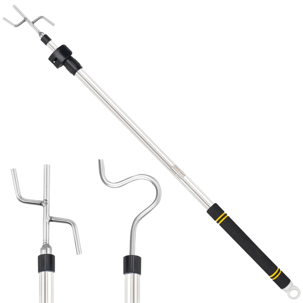 Greeily Clothes Hanger Reaching Hook, High Reach Garment Hook Telescopic Adjustable 37" to 63" for Hanging Clothes Plants Bird Feeders Christmas Light Pole Stainless Steel Material with 2 Long Hooks