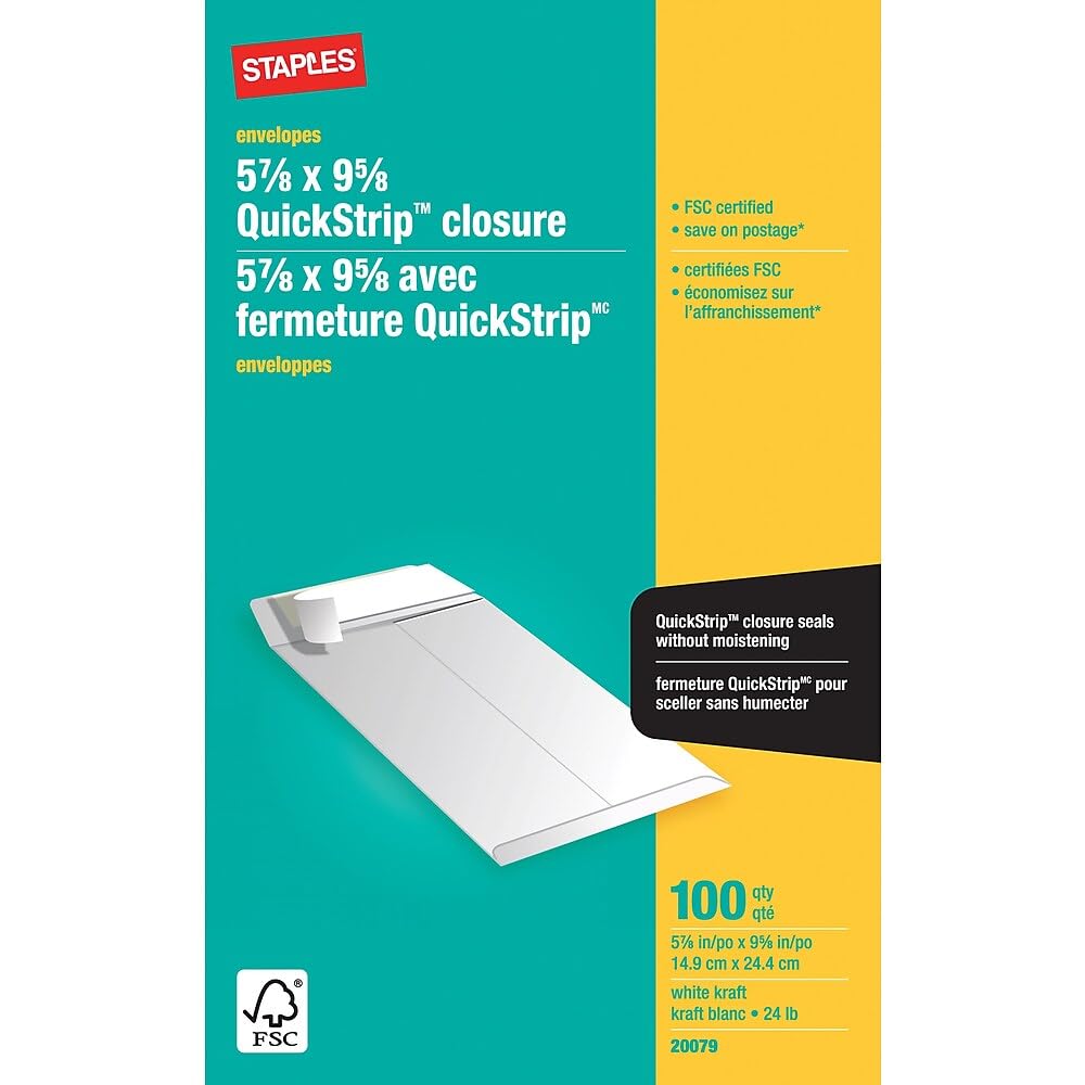 Staples Kraft Catalogue Envelopes with QuickStrip Closure - 5-7/8" x 9-5/8" - White - 100 Pack