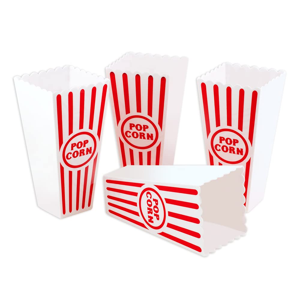 [Novelty Place] Plastic Red & White Striped Classic Popcorn Containers for Movie Night - 4" Square x 8" Deep (4 Pack)