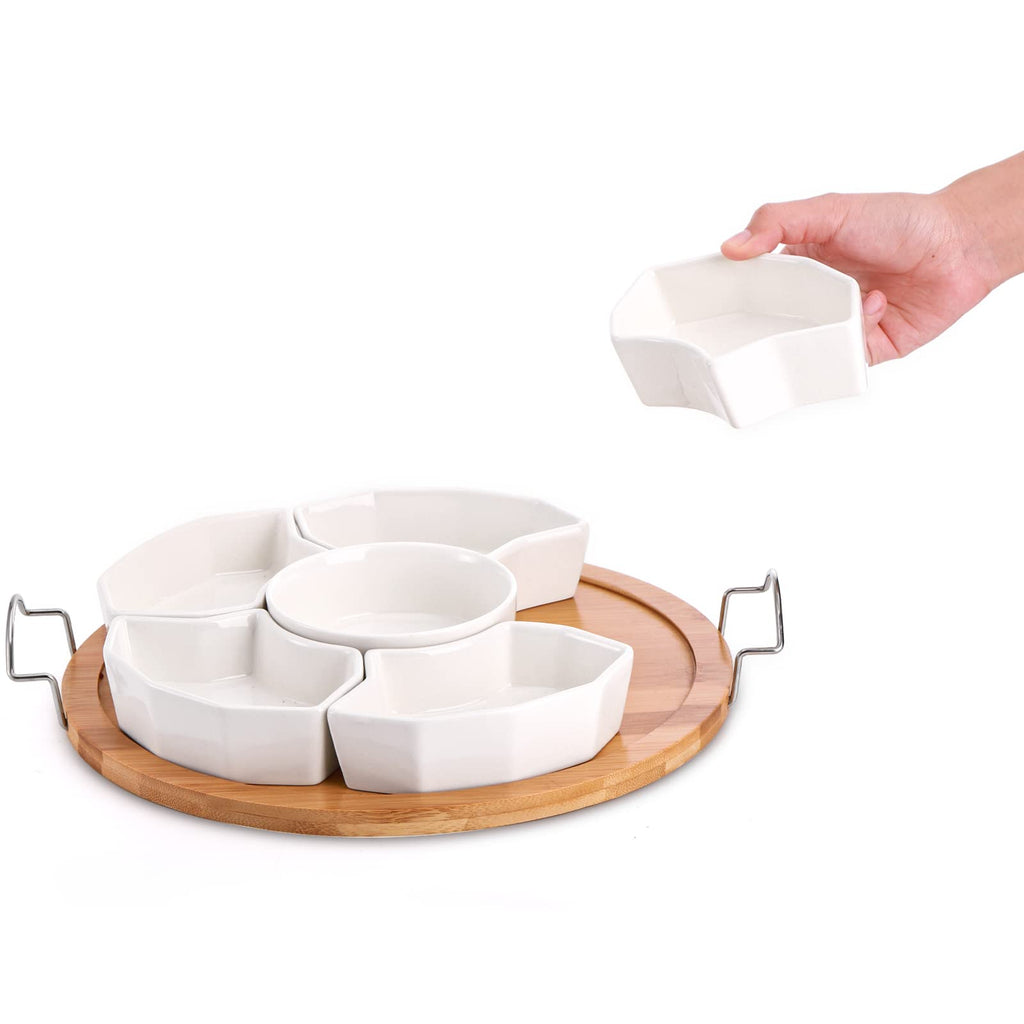 ZENFUN 11 Inch Ceramic Serving Tray and Platter, Divided Dip Bowls with Handles, 6-Compartment Removable Appetizer Snack Bowls, Round Sectional Serving Platter for Chips and Dip, Fruits, Condiment