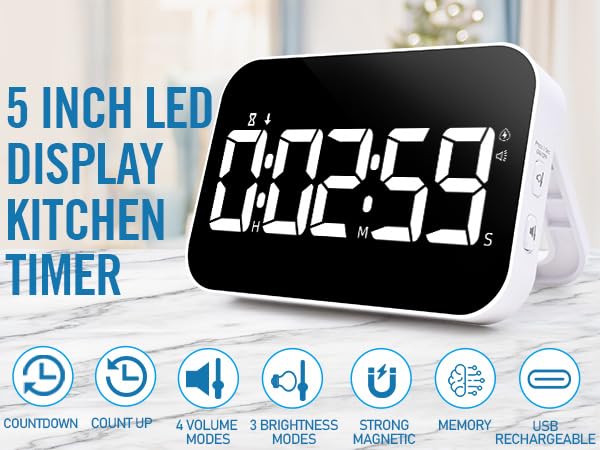 Kitchen Timer, Large Digital Magnetic Timer, Rechargeabilit, Countdown and Countup, 3 Brightness Display, 3 Volume Levels and Vibration Mode, for Cook, Kids Adults Study Teaching
