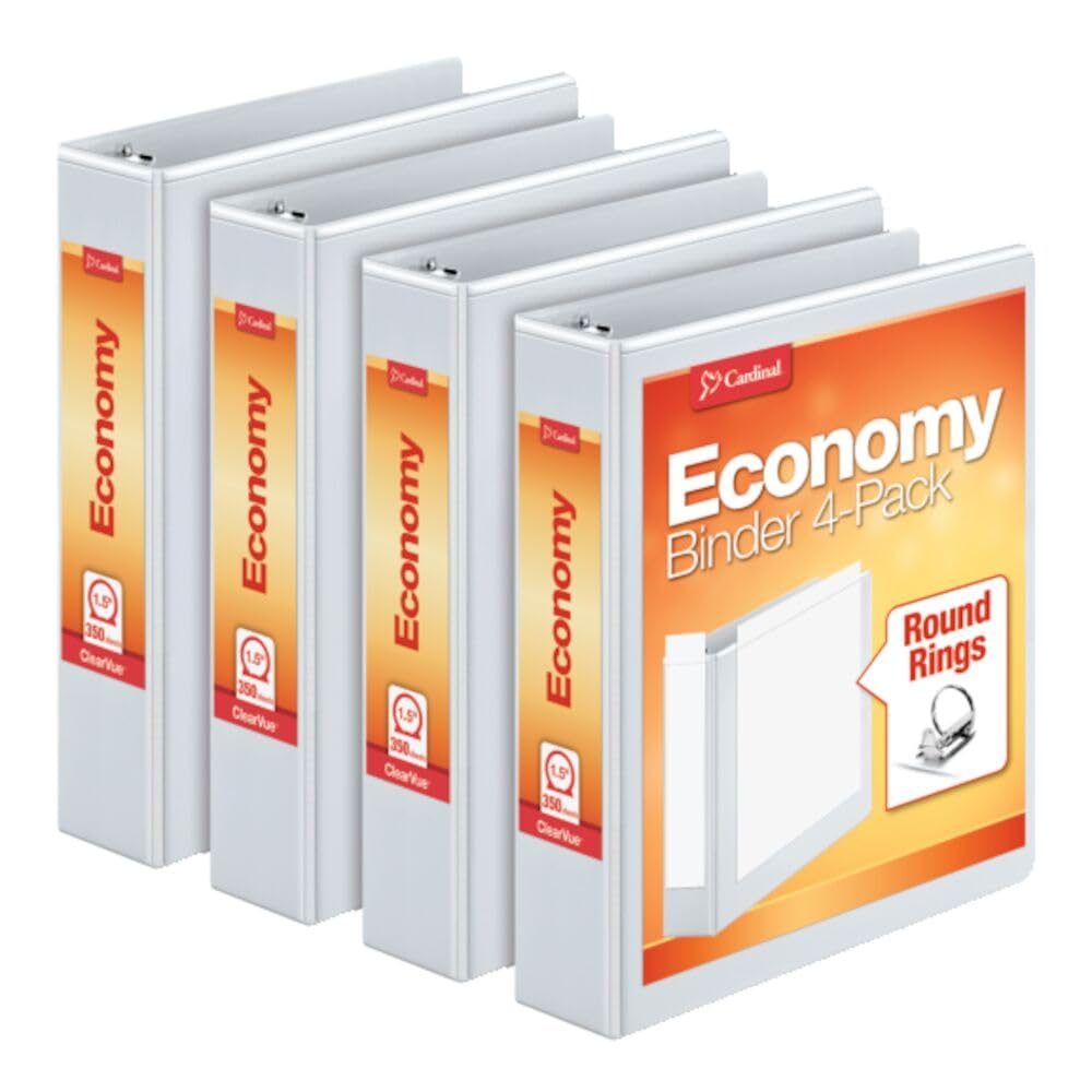 Cardinal Binders, 3-Ring Round Rings, 1.5 Inch, White, Holds 350 Sheets, ClearVue Custom Covers, Non-Stick PVC-Free Material, Recycled Content, 4-Pack for Office, School, or Home