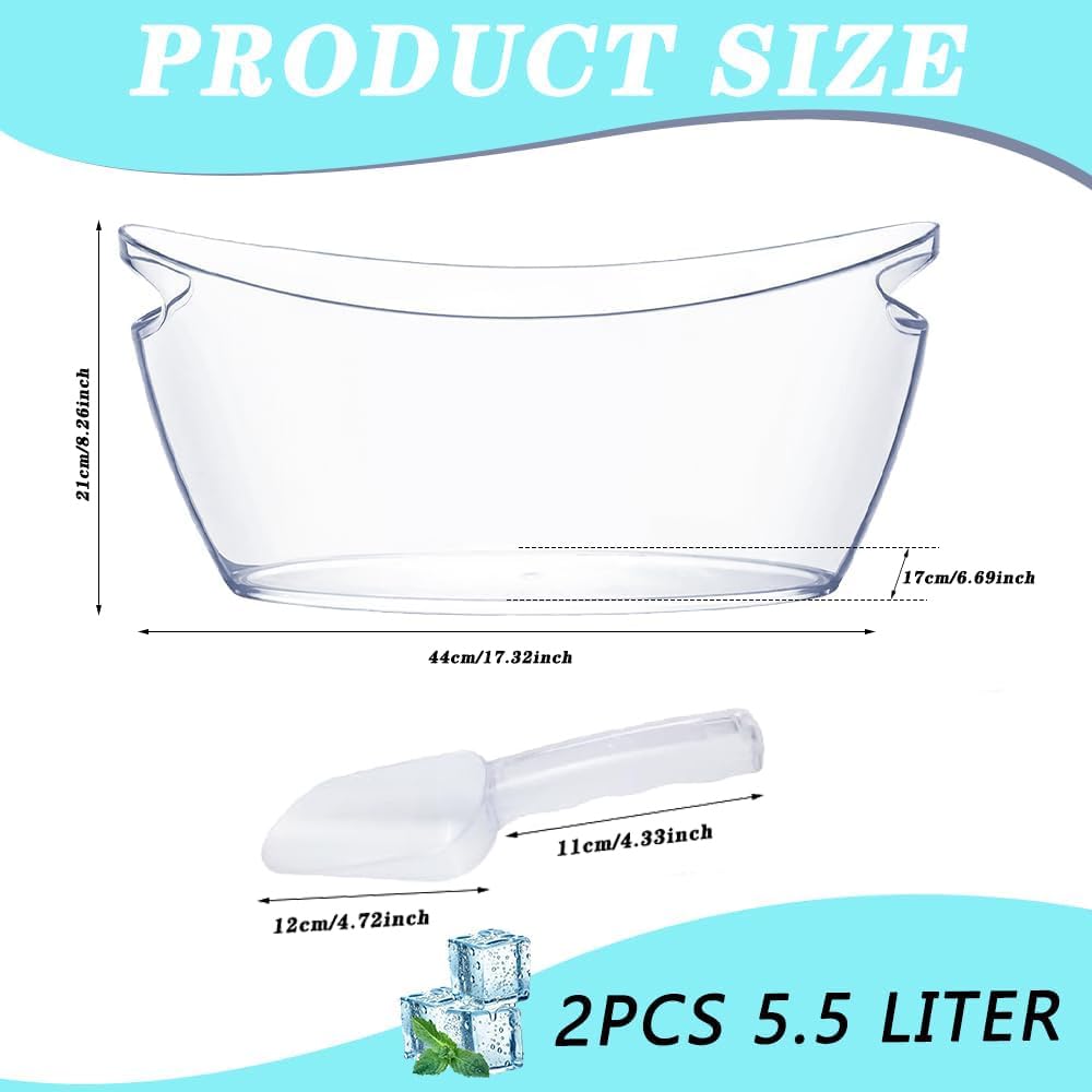2 PCS Ice Buckets for Parties (5.5L)& Ice Bucket Scoop,Clear Acrylic Champagne Beer Tub Mimosa Bar Supplies, Drinks Beverage Tub for Cocktail Bar, Wine, Beer, Soda