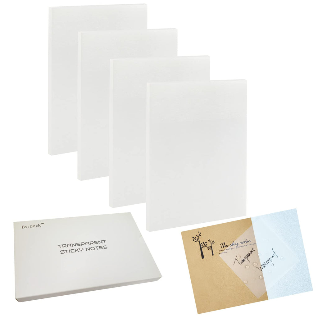 Bsrbock Transparent Sticky Notes 200 Sheets, 4 x 6 in Clear Sticky Notes, See Through Invisible Translucent Sticky Note Waterproof Self-Stick Note Pads for School, Office (4 Packs)