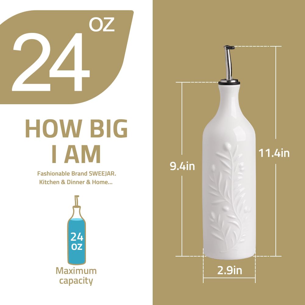 Sweejar Large Olive Oil Dispenser Bottle with Spout, 24 Oz Ceramic Oil Dispenser for Kitchen, Relief Opaque Oil Cruet, Oil Container for Cooking, EVOO, Avocado Oil, Vinegar, Pack of 1(White)