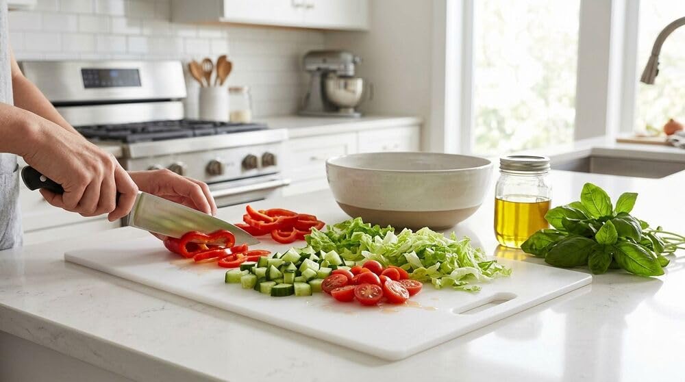 Farberware Extra-Large Plastic Cutting Board, Dishwasher- Safe Poly Chopping Board for Kitchen Meal Prep with Easy Grip Handle, 12-inch by 18-inch, White