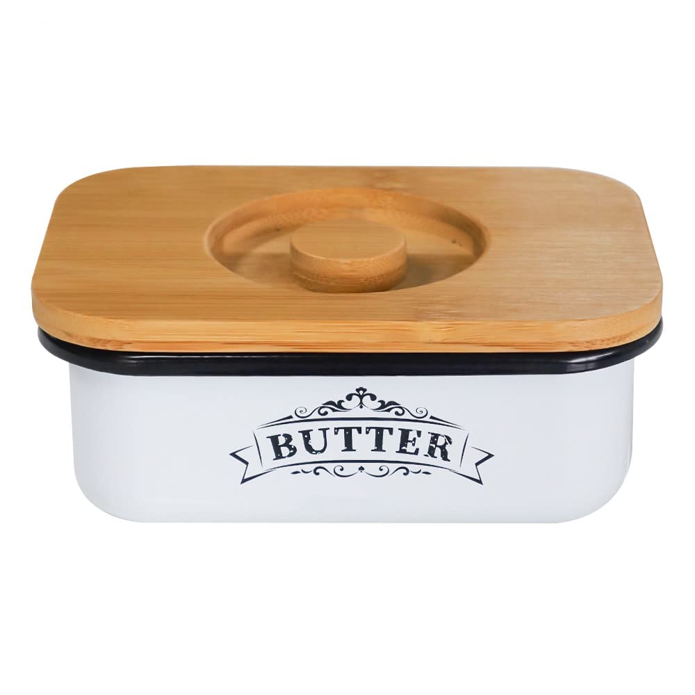 SOTECH Butter Dish with Lid for Countertop Small Metal Box and Thicker Bamboo Cover,Free Butter Keeper Vintage Farmhouse Style Butter Jar (Butter Box A)