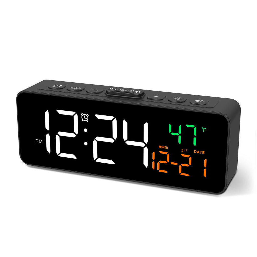 Netzu 3-in-1 Digital Clocks for Living Room with Temperature, Date & Time Display - 4 Levels Birghtness, 3 Volumes, Small Plug-in Alarm Clock for Bedroom, Office (Black)