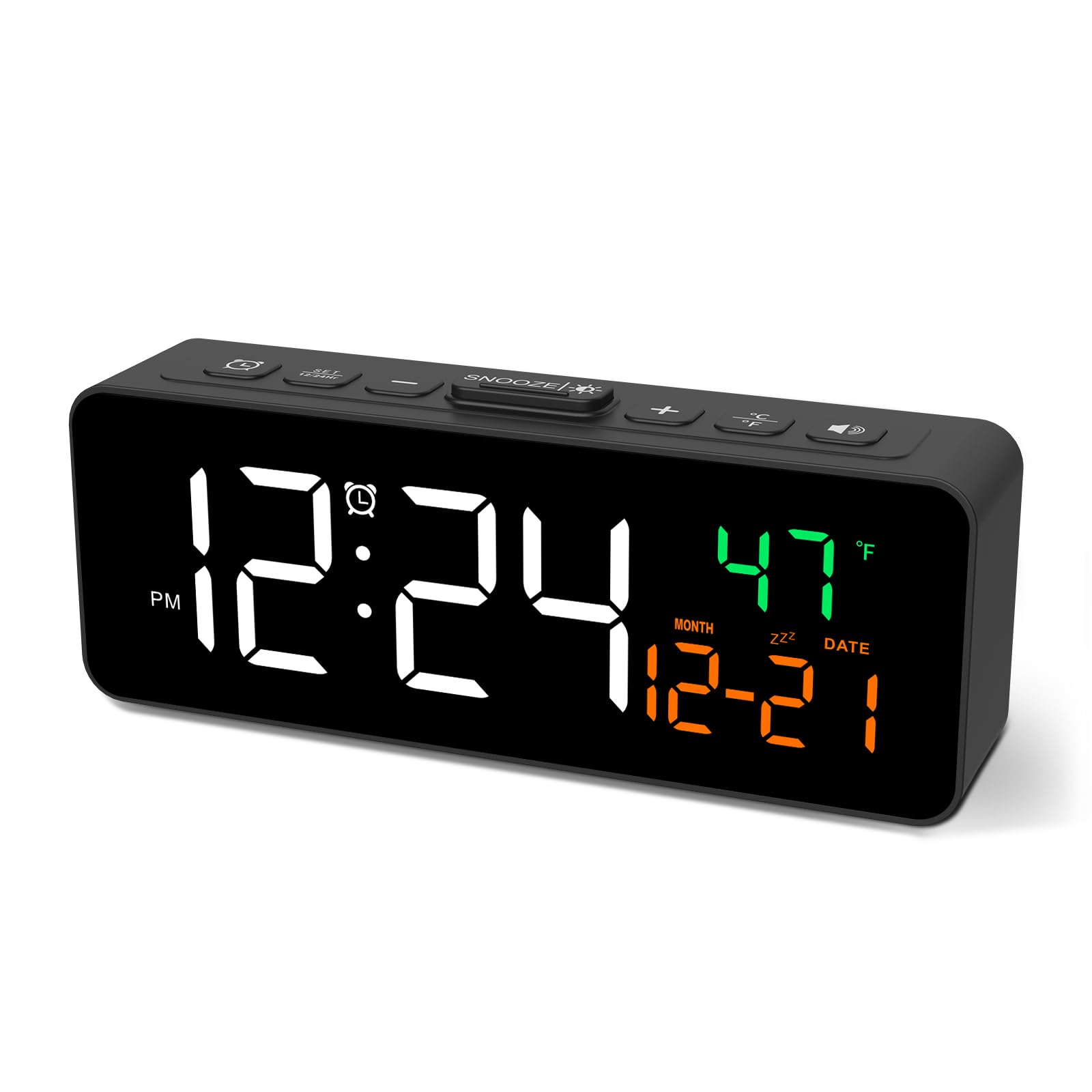 Netzu 3-in-1 Digital Clocks for Living Room with Temperature, Date & Time Display - 4 Levels Birghtness, 3 Volumes, Small Plug-in Alarm Clock for Bedroom, Office (Black)