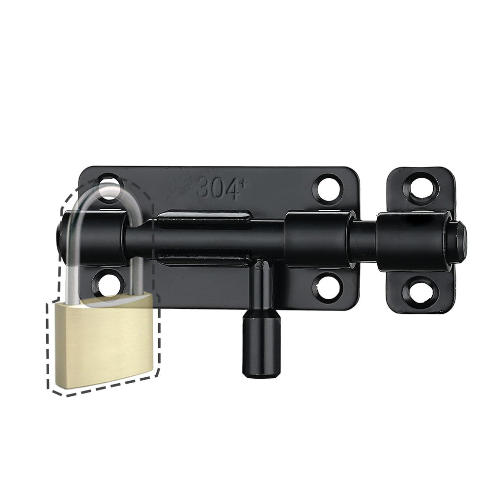 JQK Door Security Slide Latch Lock Barrel Bolt, 304 Stainless Steel Sliding Gate Latches Thickened 1.4mm with Padlock Hole, Black, 2 Pack HBB120-BK-P2