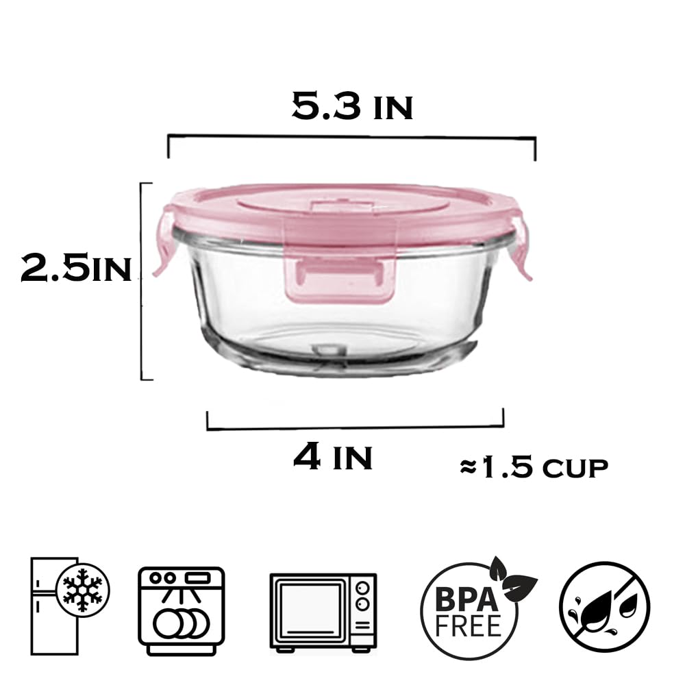 B.GUBOBOYA 4 Pack Round Glass Food Storage Containers With Lids, 1.5 Cup Round Soup Containers BPA-Free, Small Glass Food Containers for yogurt, work, Leftover and Microwave, Dishwasher, Freezer Safe