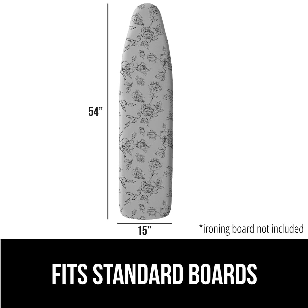 GORILLA GRIP Reflective Silicone Ironing Board Cover, Resist Scorching and Staining, 15x54, Hook and Loop Fastener Straps, Pads Fit Large and Standard Boards, Elastic Edge, Thick Padding, Gray Floral