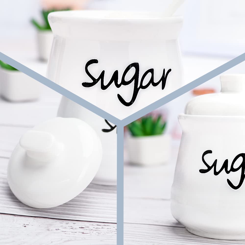 Swetwiny Porcelain Sugar Bowl with Lid and Spoon, 12 Ounces Ceramic Sugar Storage Jar Sugar Dispenser, White Seasoning Container for Home and Kitchen (Sugar)