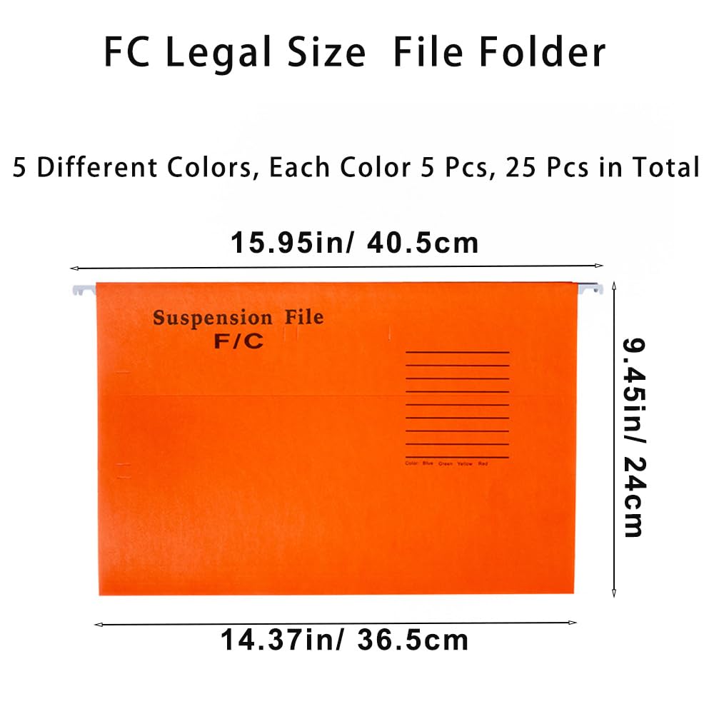 25 Pcs FC Legal Size Hanging File Organizer with Tabs and Inserts RUIFUNETEK Premium V-Shaped Paper Hanging File Folders with Metal Slide Rail, fit Standard North American Filing Cabinets