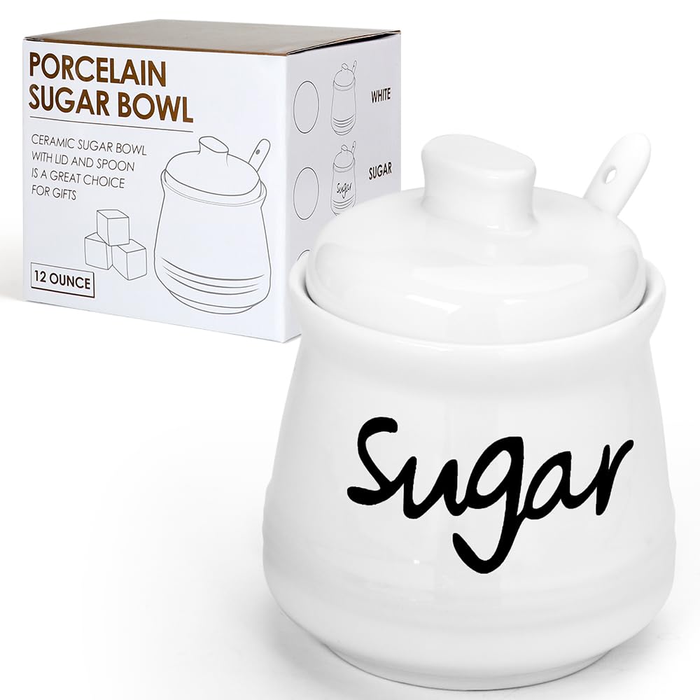Swetwiny Porcelain Sugar Bowl with Lid and Spoon, 12 Ounces Ceramic Sugar Storage Jar Sugar Dispenser, White Seasoning Container for Home and Kitchen (Sugar)