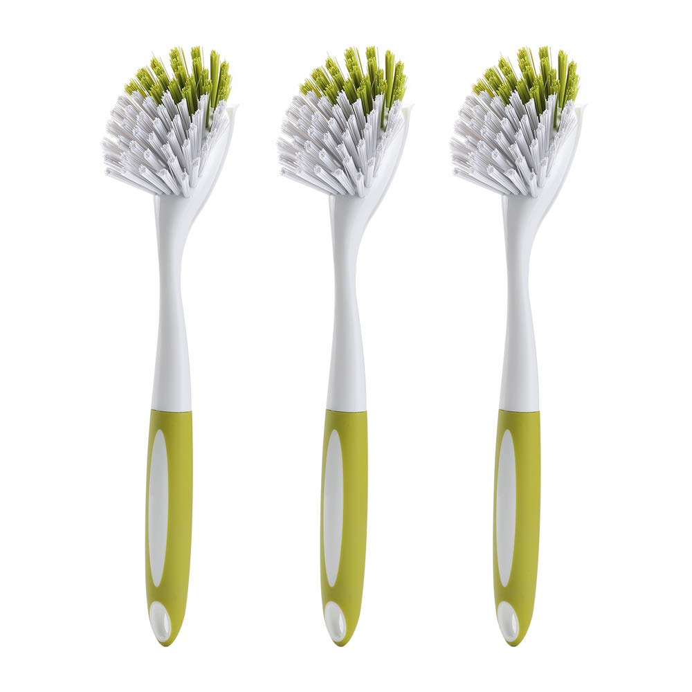 Dish Brush with Handle, Stiff Bristles Dish Scrubber for Pots, Pans & Sink Cleaning, 3 Pack