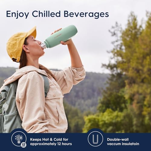 SodaStream - Fizz & Go Cool Bottle | Stainless Steel Carbonating Water Bottle | Keeps Drinks Cold 12 Hrs | Cupholder Friendly | Compatible with Pink CO2 Cylinder Machines | Storm Color | 0.9L