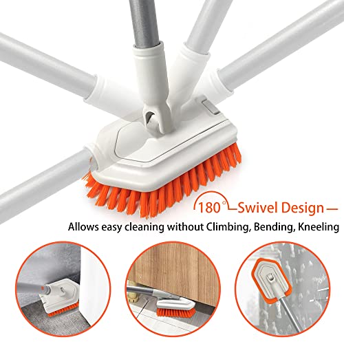 JEHONN Shower Scrubber 2-in-1 Tub and Tile Cleaning Brush with Long Handle, Detachable Stiff Bristle Scrub Brush and Sponge Head for Bathroom, Bathtub, Floor