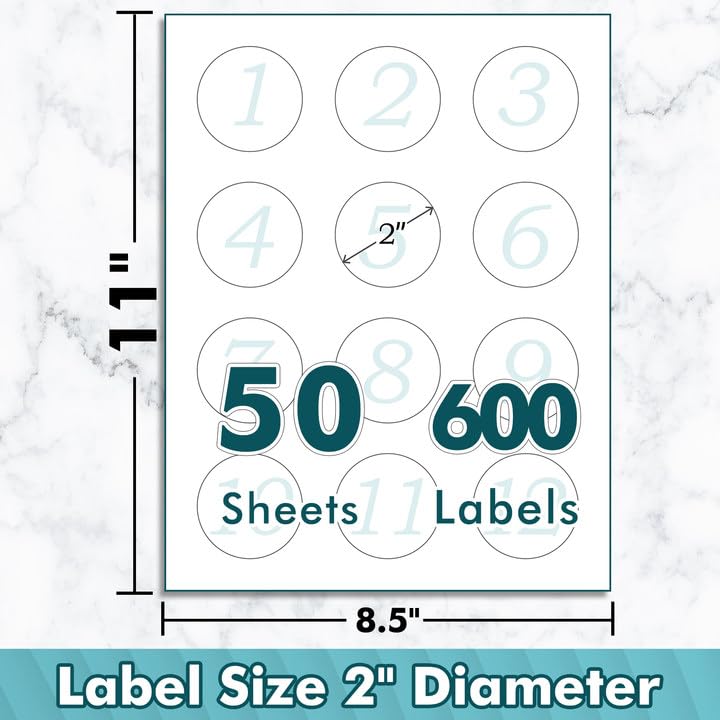 Koala Round Labels 2 Inch, Waterproof Printable Circle Labels for Inkjet and Laser Printer, Matte White, 600 Round Sticker Labels for Brand Logo Stickers, Bottle, Jar Labels