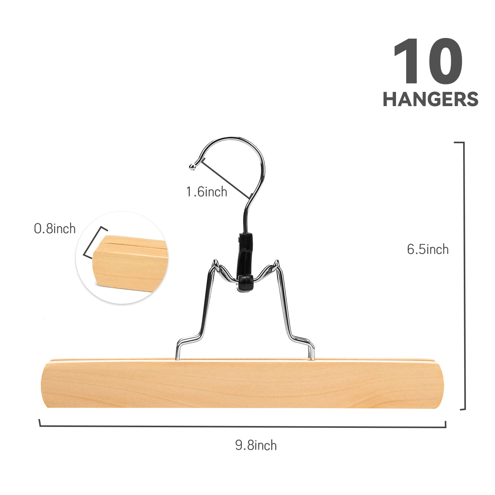 Nature Smile Wooden Trouser Hangers, 10 Pieces Non-Slip Skirt Hangers, Hair Extension Hangers, Jeans/Slack Hangers with 360° Rotating Hook - Pants Clip Hangers (Natural)
