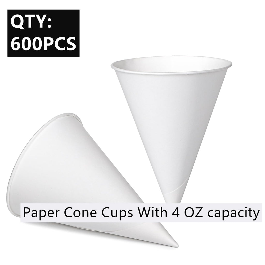 600 Pack Cone Water Cups, 4OZ Disposable Paper Snow Cups for Water Dispenser, Office Water Cooler, Sports Teams Fundraiser Craft Funnel for Shaved Ice Oil Protein Powder Drinks