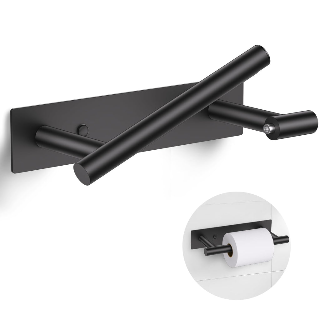 Matte Black Toilet Paper Holder, Adhesive or Screw Toilet Roll Holder Wall Mount, SUS304 Stainless Steel Double Post Pivoting Toilet Roll Holder for Bathroom, Kitchen, Washroom